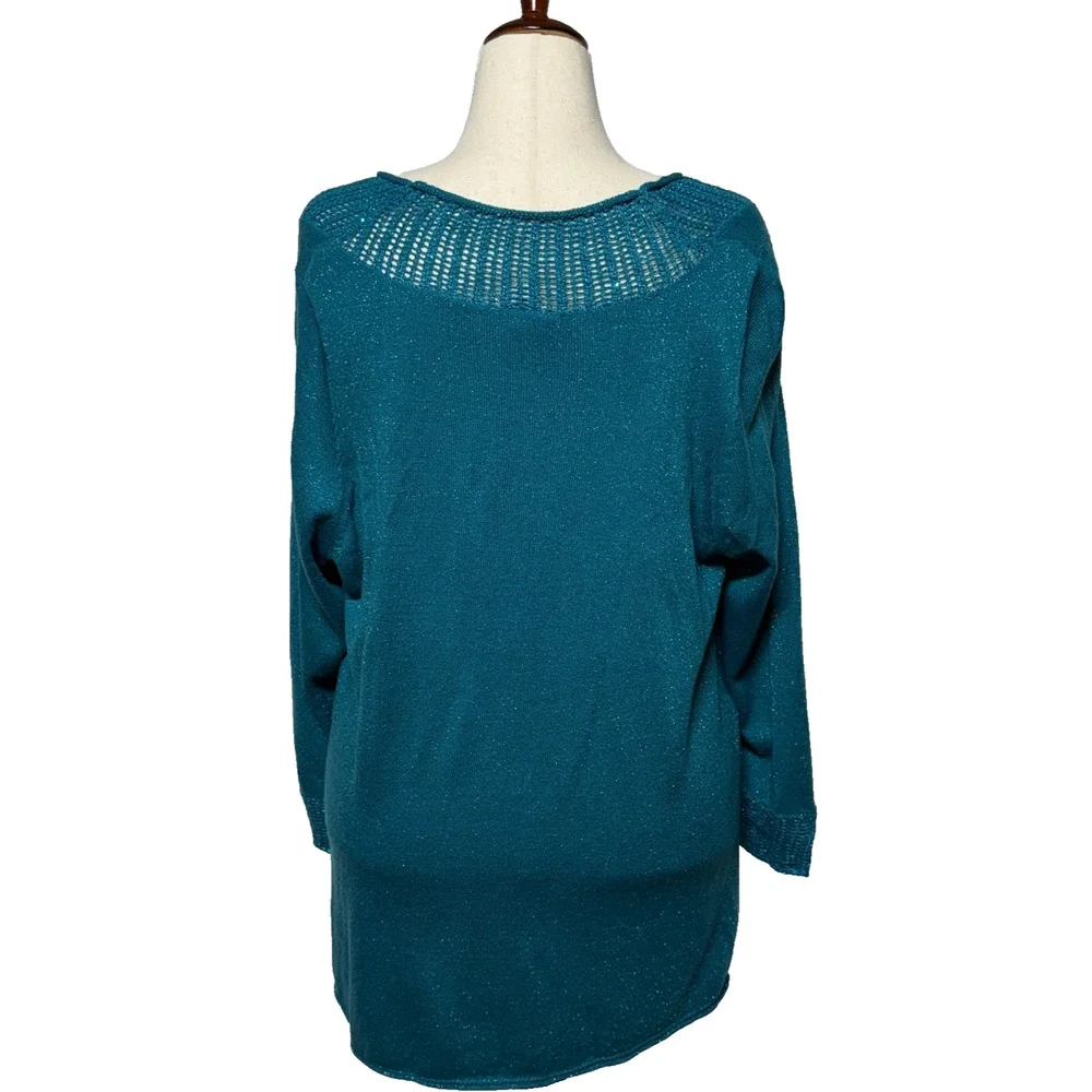 Catherines Sweater 2X 22-24W Teal Blue Green Metallic Sequin Open Knit‎ Neckline